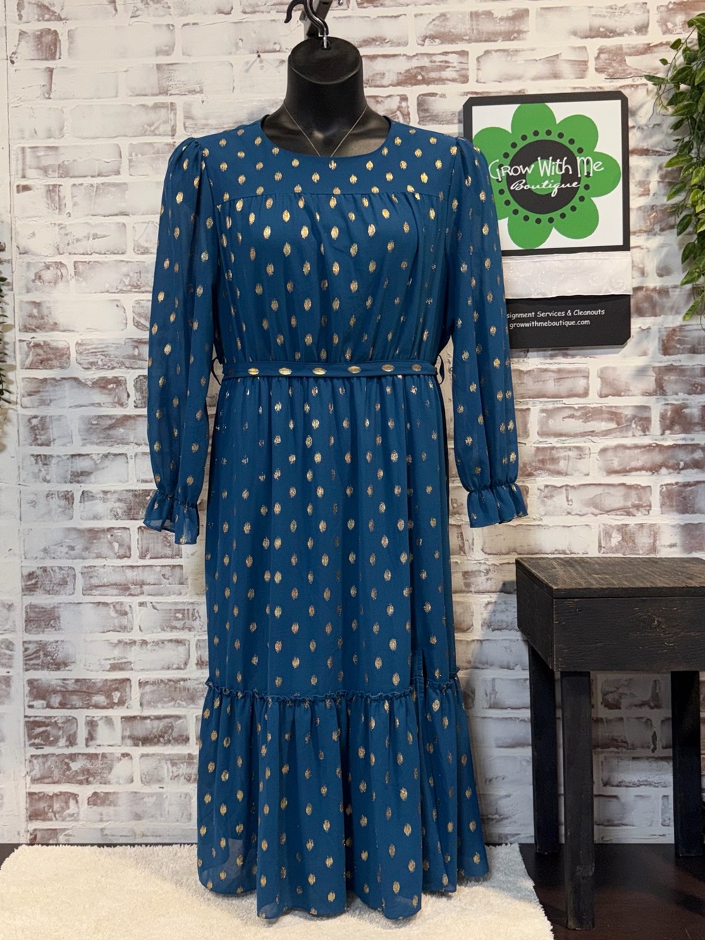 Grace Karin Teal Blue Long Sleeve Midi Dress with Gold Dot Print